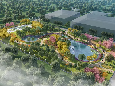 Lush Garden Landscape With Pond Colorful Blossoms Walking Paths Green Lawns And Modern Buildings 3d model