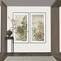 Traditional Chinese Landscape Scroll Paintings Hanging On Wall With Decorative Vase