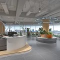 Modern Office Lounge Area with Large Windows City View Green Plants and Comfortable Sofas