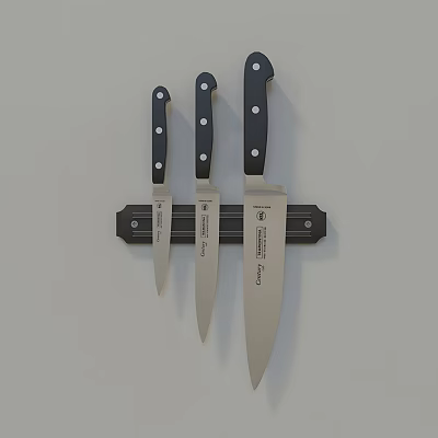 Stainless Steel Kitchen Knife Set With Black Handles On Wall Mounted Holder 3d model
