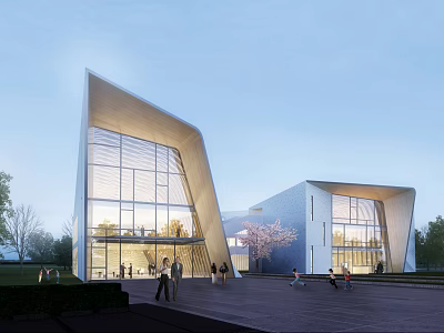 Modern Sales Office Building Featuring Glass Walls Sloped Roof Landscaped Grounds And People Walking 3d model