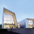 Modern Sales Office Building Featuring Glass Walls Sloped Roof Landscaped Grounds And People Walking