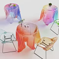 Modern Colorful Transparent Table and Chair Set with Gradient Cover Metal Legs and Potted Plants