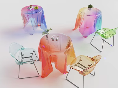 Modern Colorful Transparent Table and Chair Set with Gradient Cover Metal Legs and Potted Plants 3d model