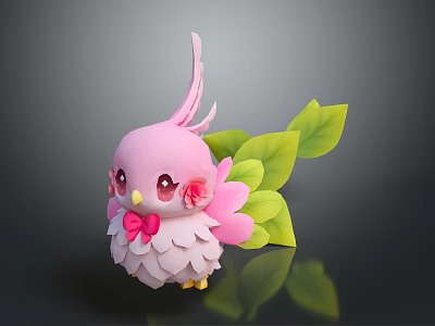 Cute Pink Bird Game Character With Big Eyes Petal Wings And Green Leaves 3d model