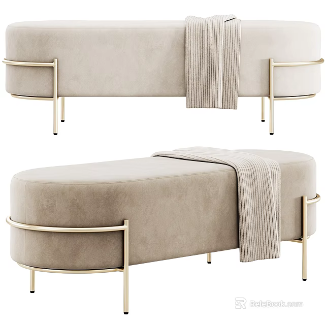 Beige Upholstered Sofa Bench With Gold Metal Frame And Knitted Throw Blanket 3d model 