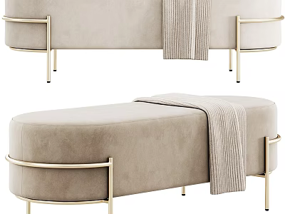 Beige Upholstered Sofa Bench With Gold Metal Frame And Knitted Throw Blanket 3d model