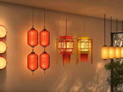 Traditional Red and Yellow Decorative Lanterns Hanging Indoor on Wall and Ceiling 3d model