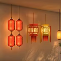 Traditional Red and Yellow Decorative Lanterns Hanging Indoor on Wall and Ceiling