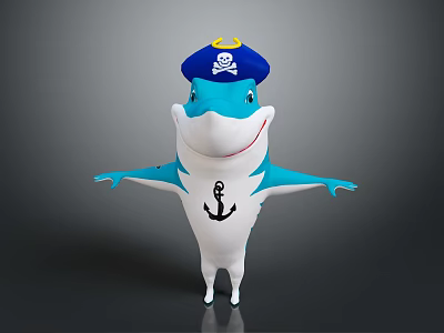 Cartoon Shark Character With Pirate Hat And Anchor Design Standing With Outstretched Arms 3d model