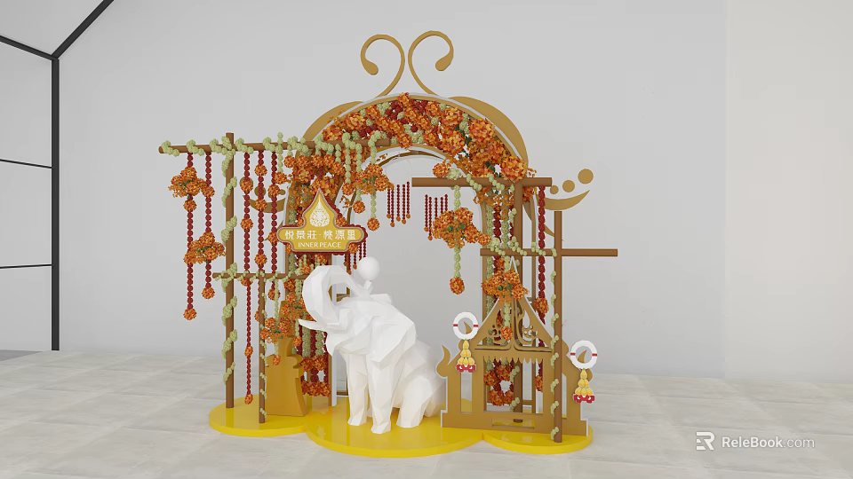 Golden Arch Orange Flower Garlands Beaded Strings White Elephant Model Yellow Base Decorative Commercial Equipment 3d model 
