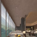Hotel Public Lounge Area With Large Window Blinds Mountain View And Comfortable Seating