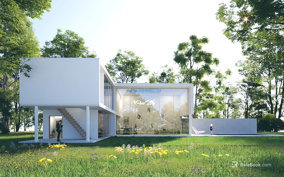 Modern Detached Villa Exterior With Large Glass Facade And Lush Green Lawn 3d model 