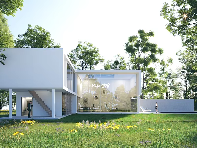Modern Detached Villa Exterior With Large Glass Facade And Lush Green Lawn 3d model