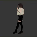 Stylish Female In Black Dress With Hooded Hat Thigh High Socks And Beige Handbag