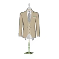 Beige Formal Suit On Green Mannequin With Gray Tie And Green Pocket Square