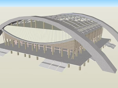 Modern Architectural Design Featuring Curved Roof And Wooden Structure Elements 3d model