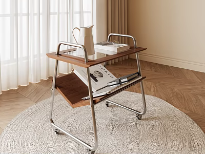 Modern Two Tier Side Table With Wooden Top And Metal Wheels For Living Room 3d model