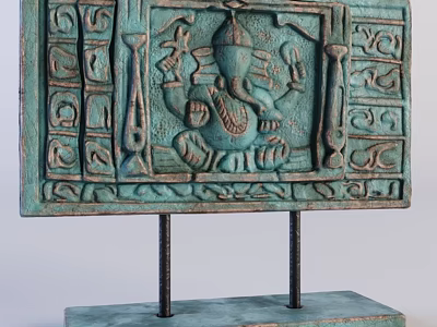 Turquoise Ganesha Carved Decorative Plaque With Intricate Border And Metal Stand Base 3d model