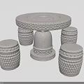 Round Outdoor Table With Carved Stone Tabletop And Four Cylindrical Textured Stools 3d model