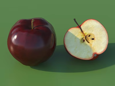 Fresh Ripe Red Apple and Sliced Half with Juicy Flesh on Green Background 3d model