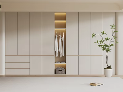 Modern White Wardrobe Interior With Drawers Open Shelves Hanging Clothes And Potted Plant 3d model
