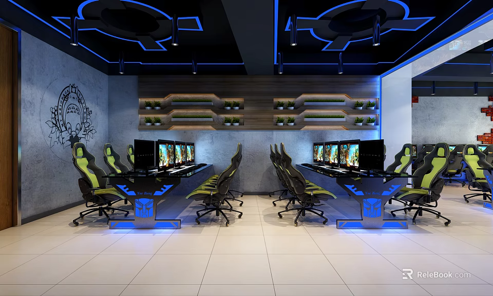 Modern Cyber Cafe Interior With Gaming Computers Comfortable Chairs And Blue Lighting 3d model 