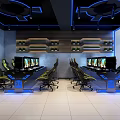 Modern Cyber Cafe Interior With Gaming Computers Comfortable Chairs And Blue Lighting 3d model