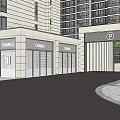 Modern Building Outdoor Shopping Area With Storefronts Seating Umbrellas Green Planters And Pedestrians