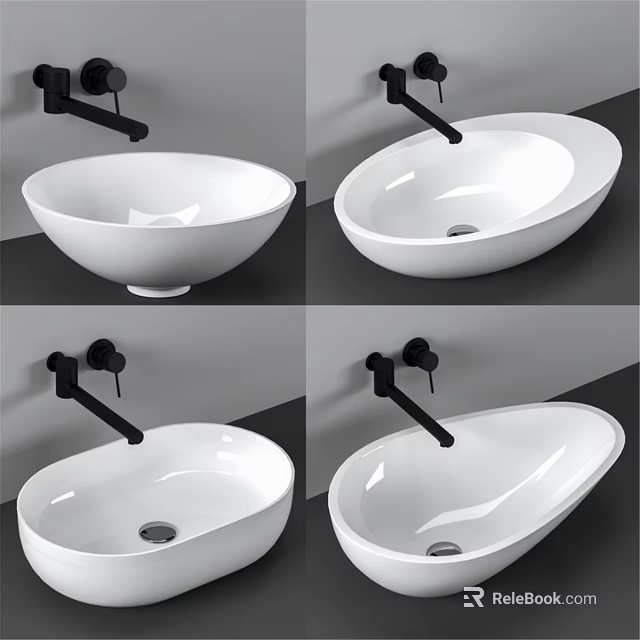White Modern Ceramic Vessel Wash Basin with Black Wall Mounted Faucet in Gray Bathroom 3d model 