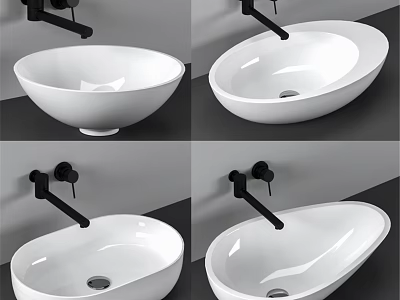 White Modern Ceramic Vessel Wash Basin with Black Wall Mounted Faucet in Gray Bathroom 3d model