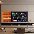 Modern TV Background Wall With Floating Shelves Decorative Items And Warm Lighting In Living Room