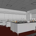 Commercial Kitchen Interior With Stainless Steel Worktables White Cabinets Ceiling Lights And Red Tile Flooring