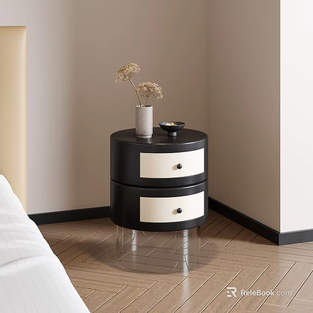 Black and White Two Drawer Bedside Table with Vase Bowl on Top by Wooden Floor 3d model 