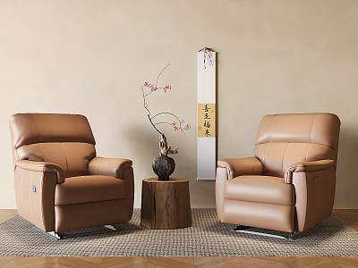Two Brown Leather Armchairs With Wooden Stump Table And Flower Vase On Carpet 3d model