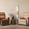 Two Brown Leather Armchairs With Wooden Stump Table And Flower Vase On Carpet