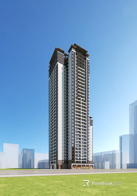 High Rise Modern Residential Building With Clear Blue Sky And Adjacent Structures 3d model 