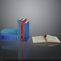 Vibrant Blue and Red Stacked Books with Open Page on Reflective Surface