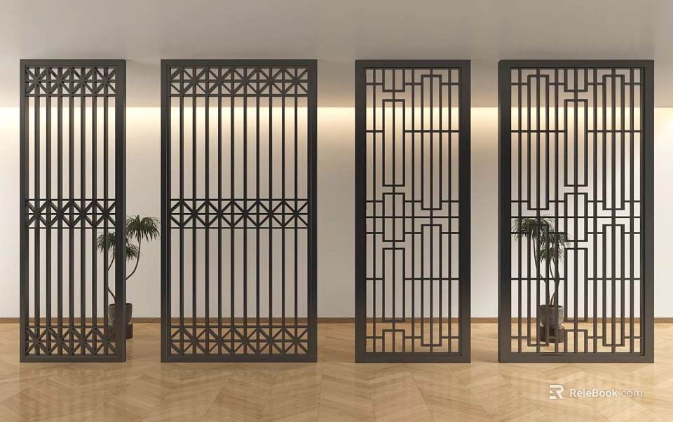 Chinese Style Black Carved Room Dividers With Geometric Patterns And Indoor Plants On Wooden Floor 3d model 