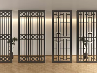 Chinese Style Black Carved Room Dividers With Geometric Patterns And Indoor Plants On Wooden Floor 3d model