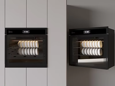 Modern Kitchen With Light Gray Cabinets And Black Built-in Appliances Holding White Tableware 3d model