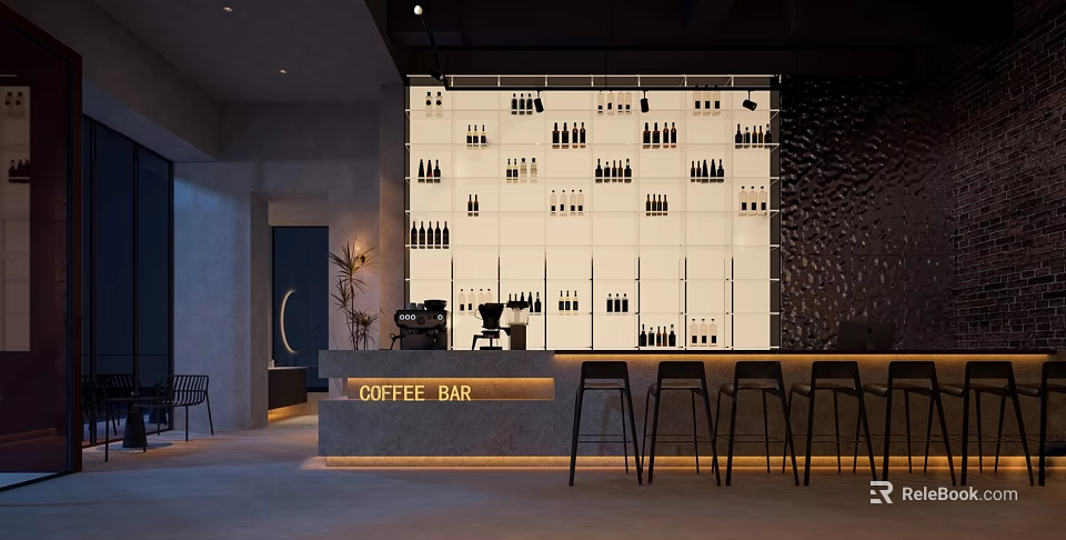 Modern Coffee Bar Interior With Wine Bottles Display Wall Bar Counter And Black Stools 3d model 