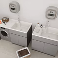 Modern Double Sink Vanity With Washing Machine Soap Dispensers Cleaning Supplies And Towel Basket