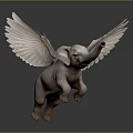 Winged Baby Elephant 3D Render In Flying Pose With Large Wings And Gray Background