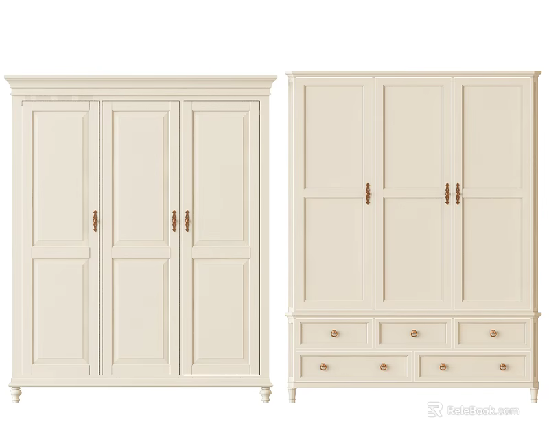 Classic White Wardrobe With Three Doors Panel Design And Lower Drawers 3d model