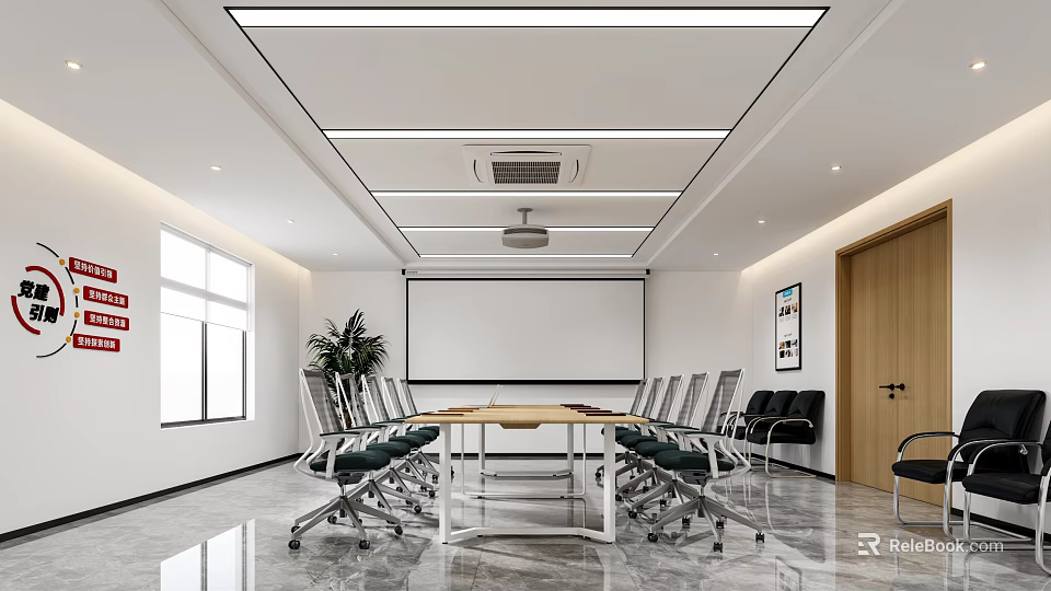 Modern Conference Room with Long Table Office Chairs Projection Screen Natural Light and Potted Plant 3d model 