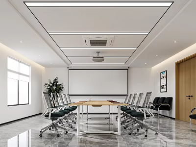 Modern Conference Room with Long Table Office Chairs Projection Screen Natural Light and Potted Plant 3d model