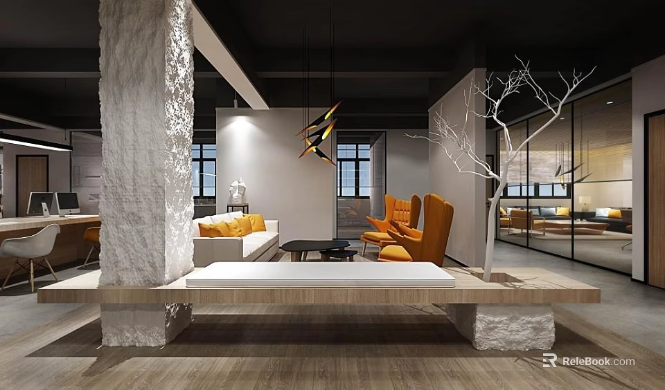 Modern Public Office Space With Stone Pillar Orange Chairs Sofa And Decorative Tree 3d model 