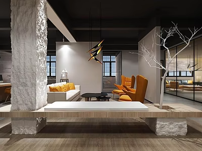 Modern Public Office Space With Stone Pillar Orange Chairs Sofa And Decorative Tree 3d model
