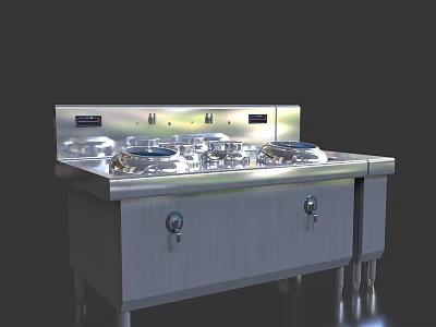 Stainless Steel Commercial Kitchen Appliance With Multiple Cooking Pots And Storage Cabinets 3d model